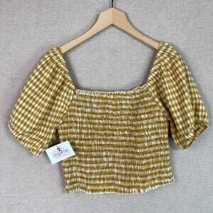 Very J Womens Puff Sleeve Gingham Top Size L Cottagecore Smocked Soft Girl NWT